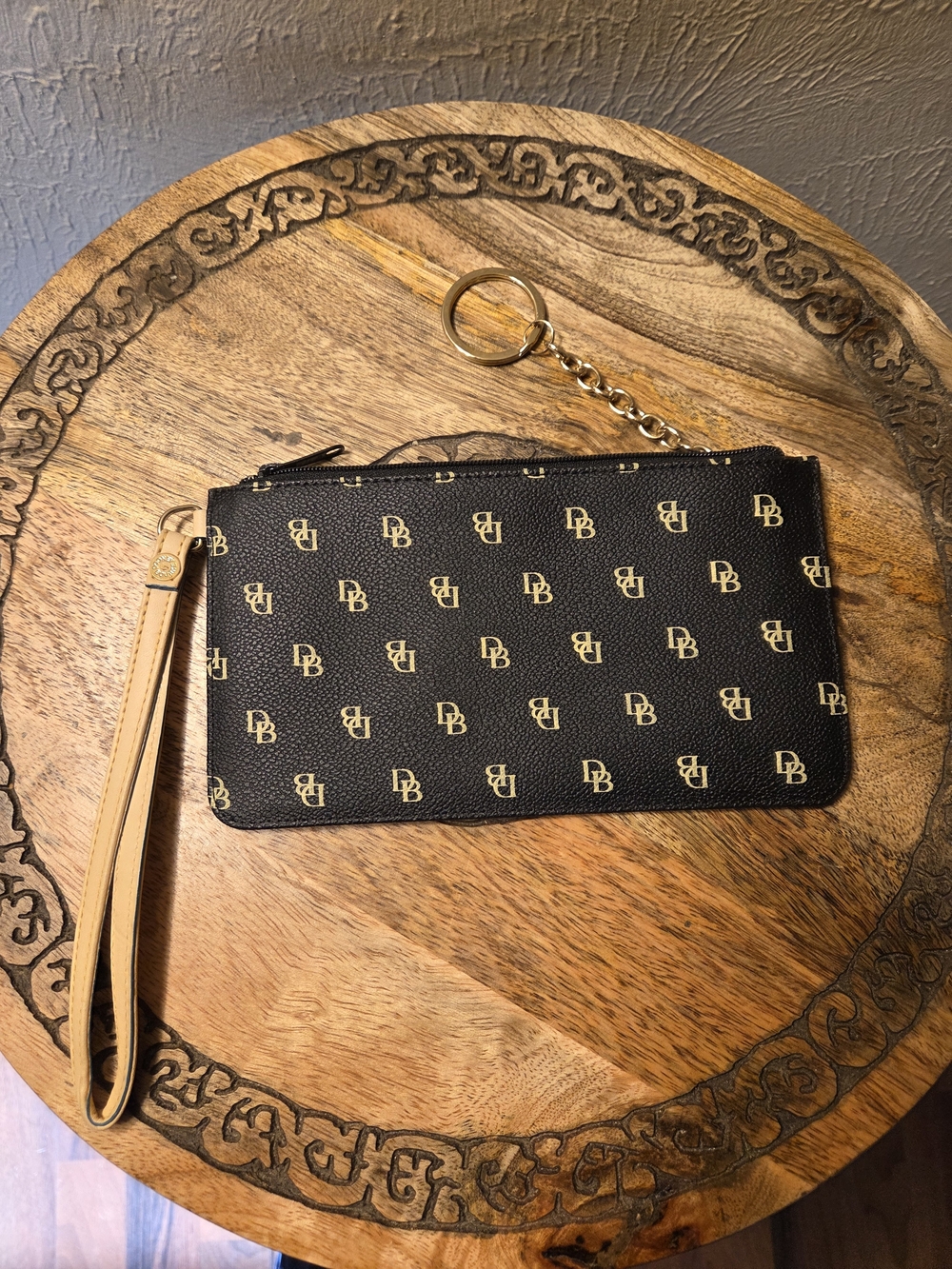 Dooney & Bourke Black Monogram Wristlet with Beige Strap NWOT